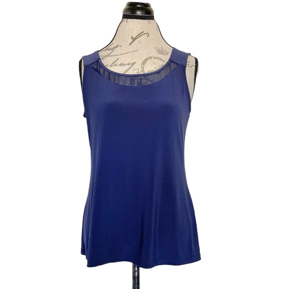 Cato Womens Blouse Tank Blue Stretch Slewveless Sheer Neckline Size Small - Picture 1 of 12